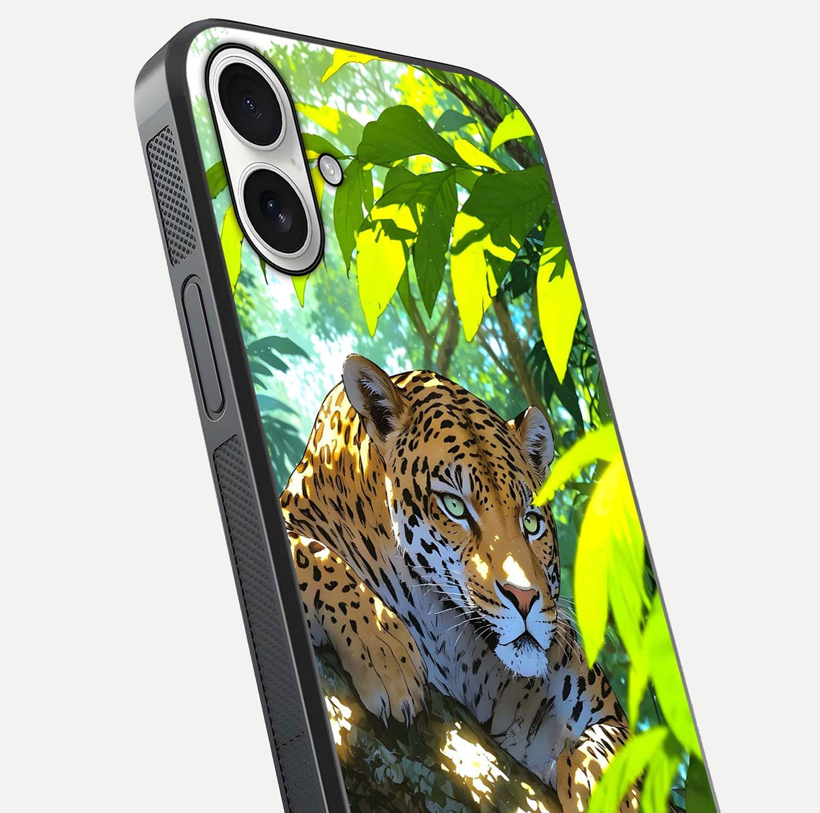Leopard in Jungle Glass Case for iPhone 17 angled close-up showing fur texture and glossy shine reflection