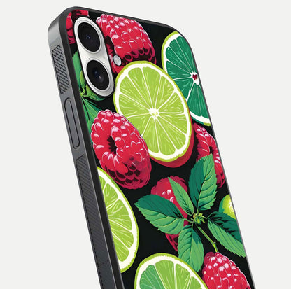 Lime and Raspberry Pattern Glass Case for iPhone 17 angled close-up showing fruit texture and reflection glow