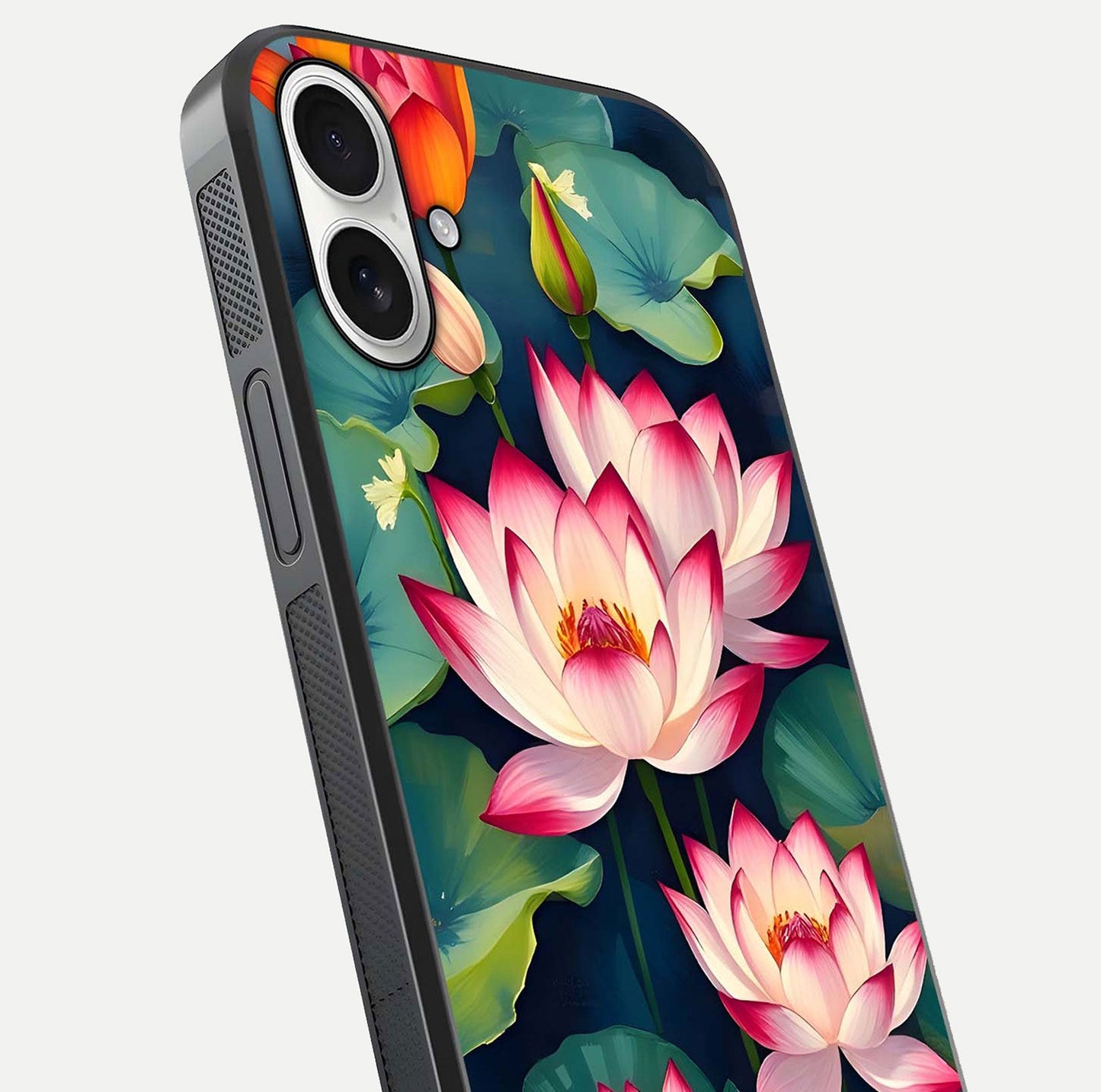 Lotus Dream Serenity Glass Case for iPhone 17 close-up angled shot showing floral details and soft shine