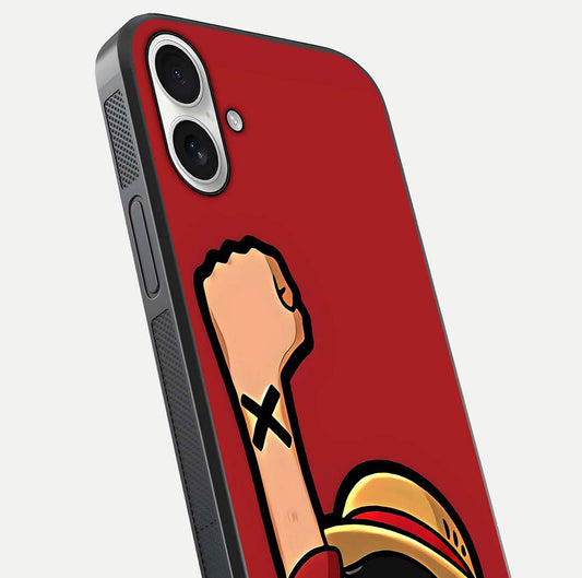 Luffy X Spirit Glass Case for iPhone 17 close-up angled shot showing character detailing and gloss texture