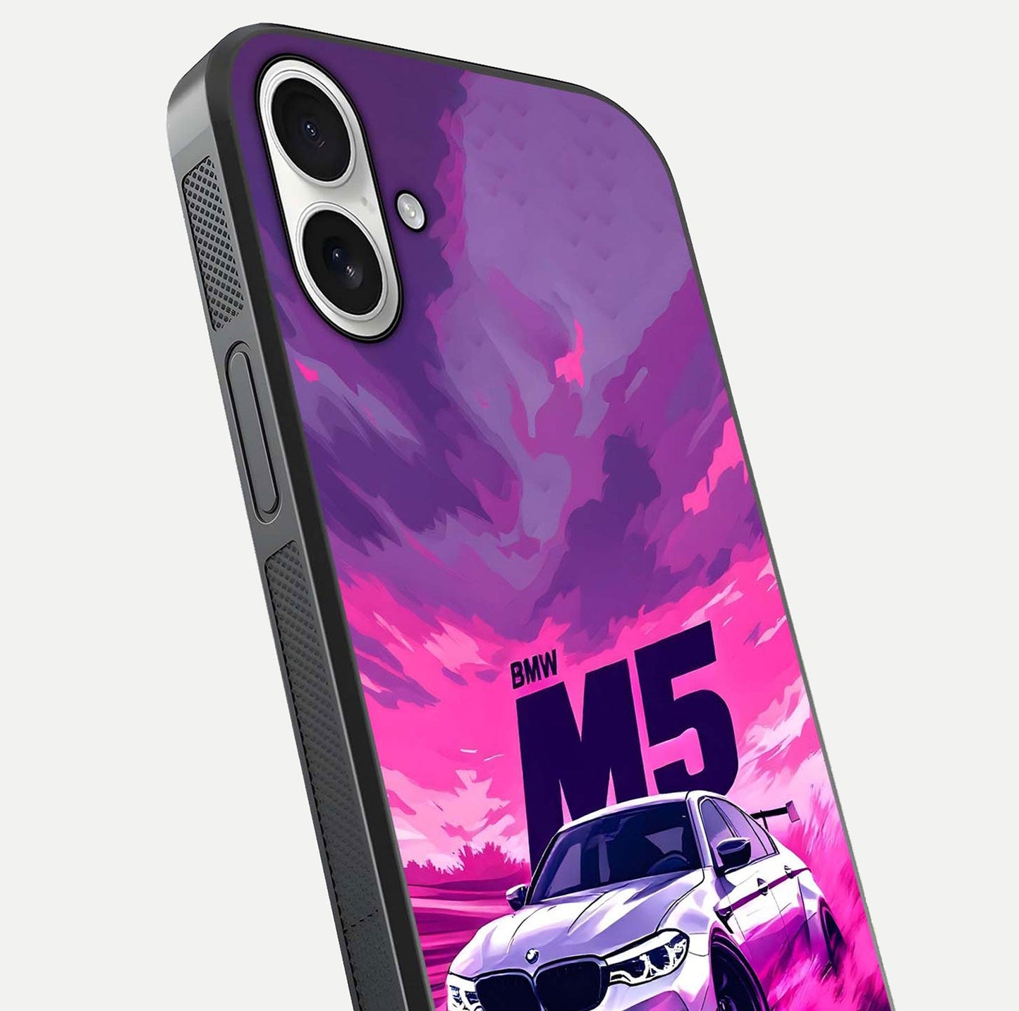 MS Neon Car Glass Case for iPhone 17 close-up angled shot showing vivid neon reflections and shine
