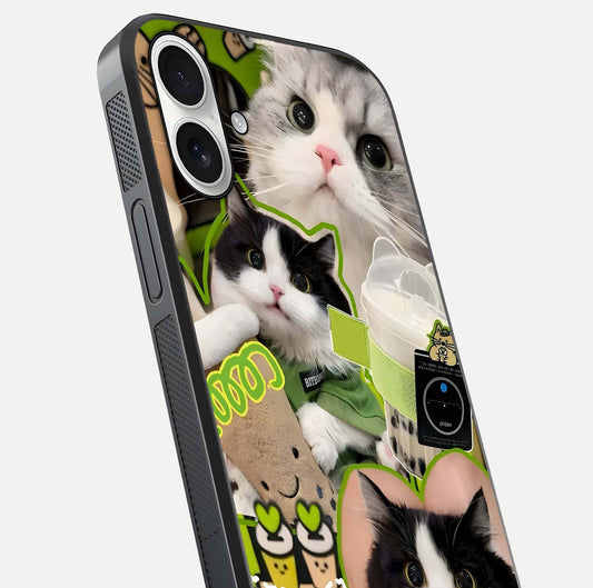 Matcha Cats Mood Glass Case for iPhone 17 close-up angled shot showing adorable cat art and reflection detail