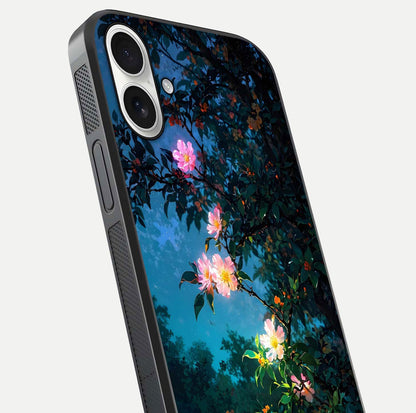 Midnight Bloom Glow Glass Case for iPhone 17 close-up angled shot showing petal highlights and glow reflection