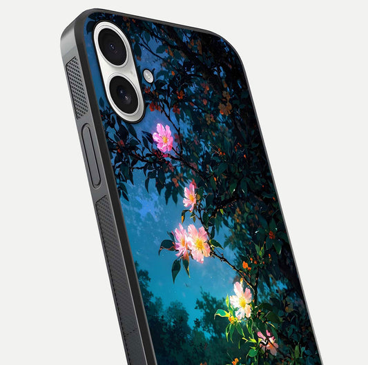 Midnight Bloom Glow Glass Case for iPhone 17 close-up angled shot showing petal highlights and glow reflection