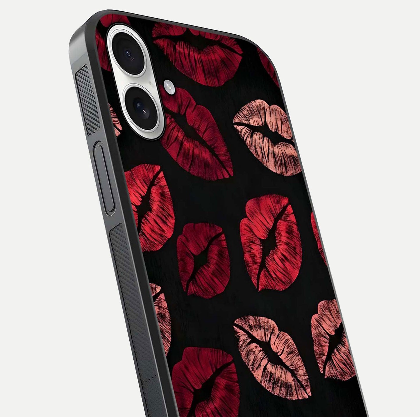 Midnight Kiss Love Glass Case for iPhone 17 close-up angle highlighting red accents and reflection shine