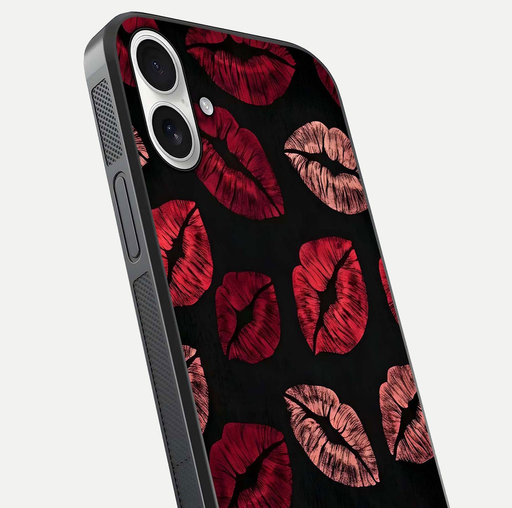 Midnight Kiss Love Glass Case for iPhone 17 close-up angle highlighting red accents and reflection shine
