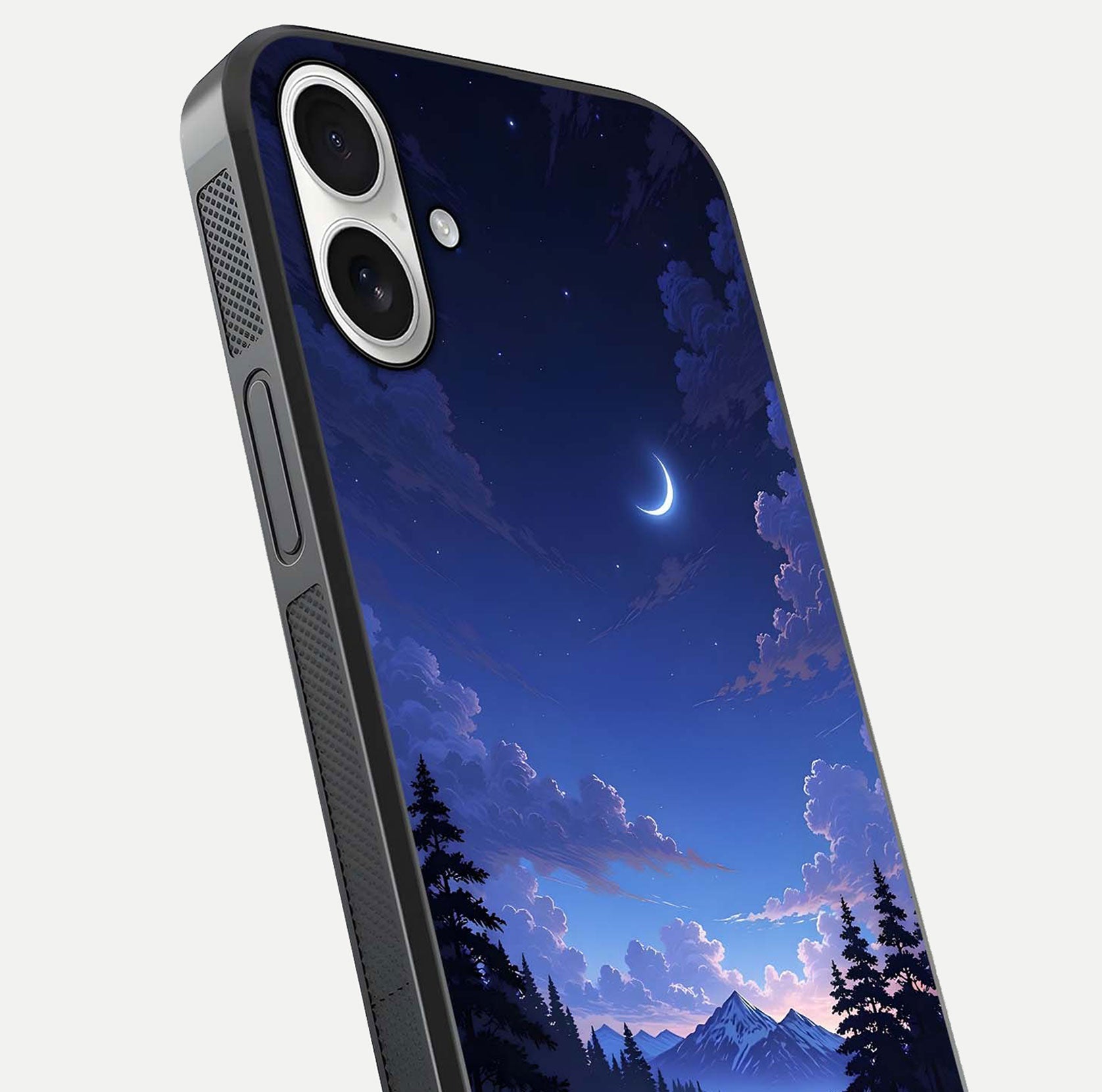 Midnight Lake Peace Glass Case for iPhone 17 close-up angled shot showing blue night tones and reflection