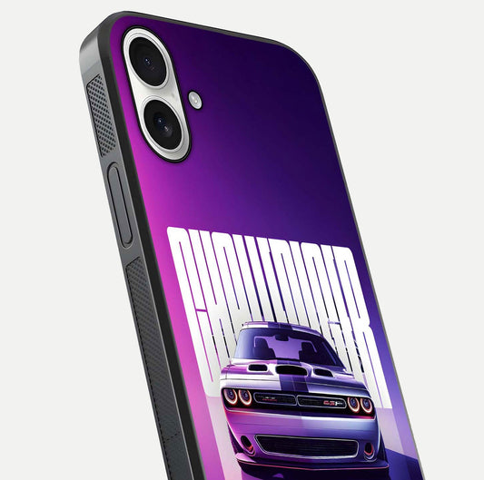 Midnight Muscle Ride Glass Case for iPhone 17 close-up angled shot showing HD reflections and car details