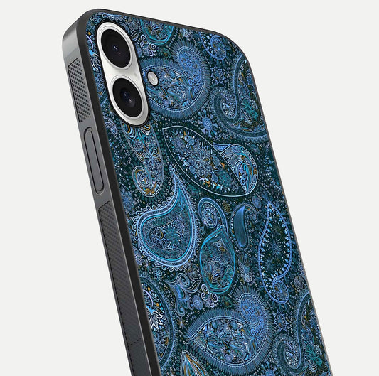Midnight Paisley Glow Glass Case for iPhone 17 close-up angled shot showing floral details and gloss texture