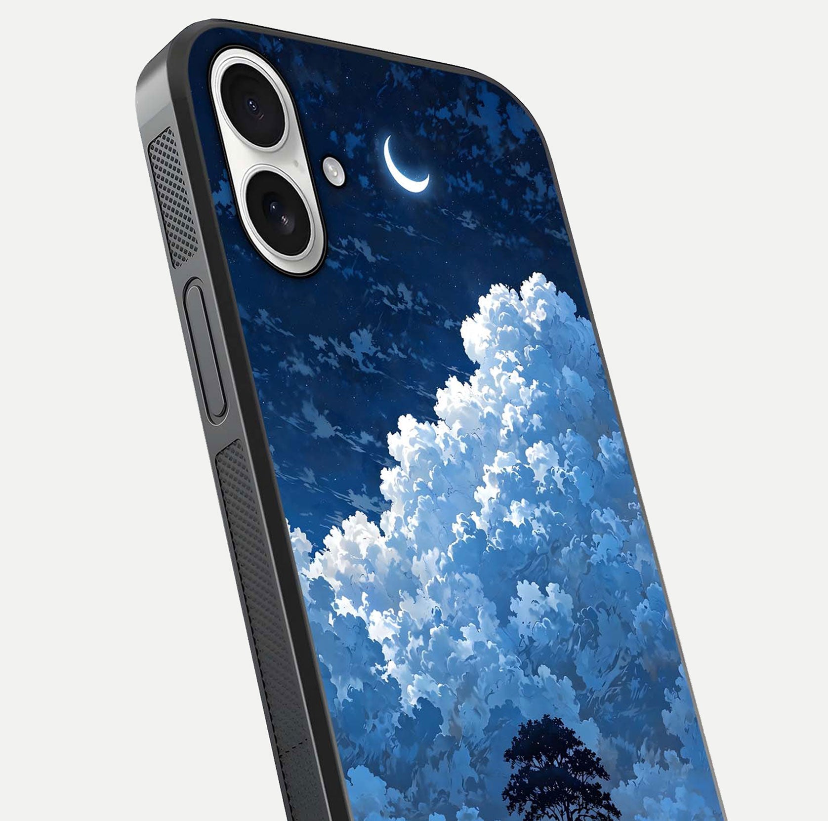 Midnight Sky Serenity Glass Case for iPhone 17 close-up angled shot showing starlit tones and reflection