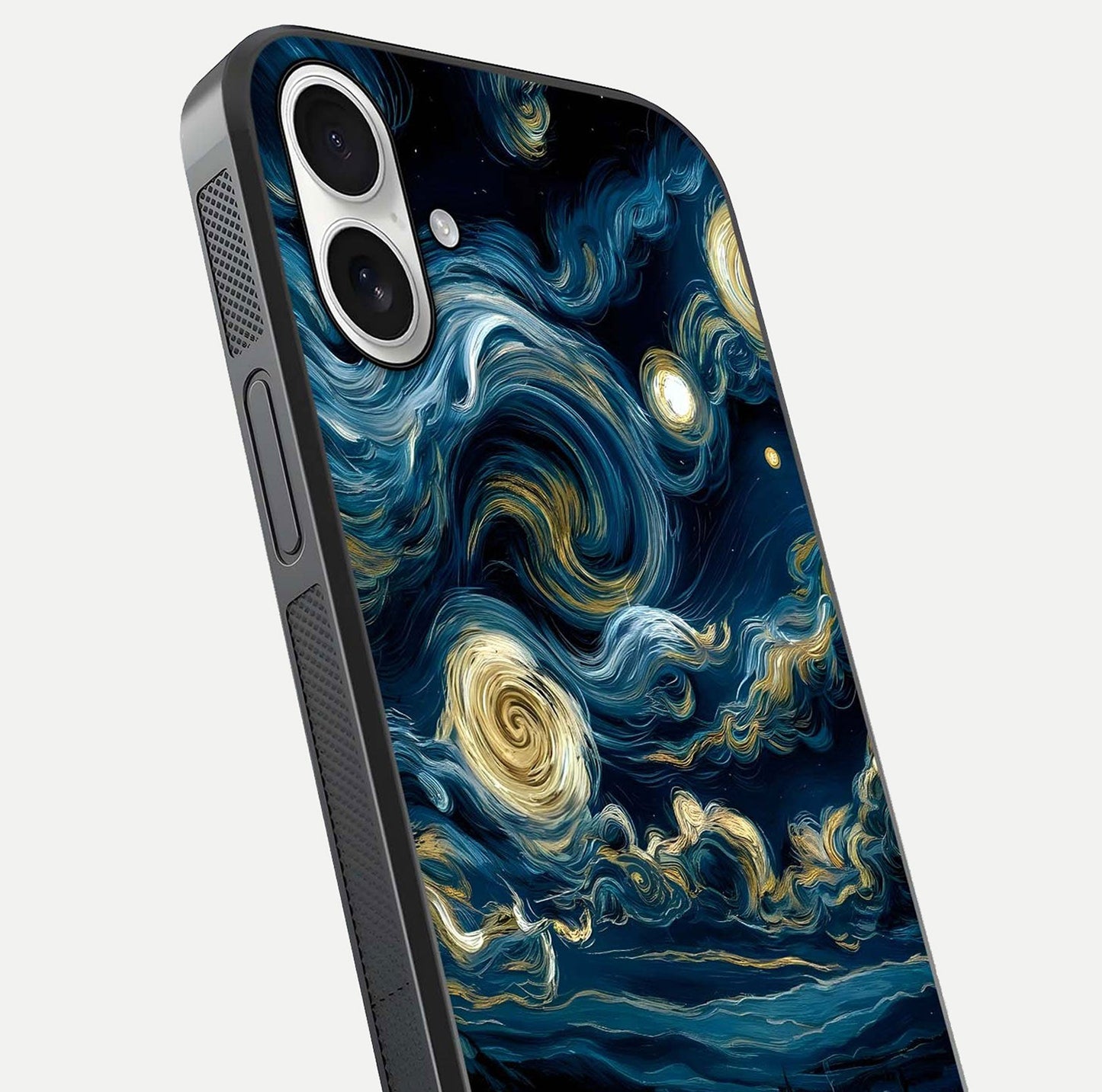 Midnight Sky Whirl Glass Case for iPhone 17 close-up angle showing spiral design and HD gloss reflection