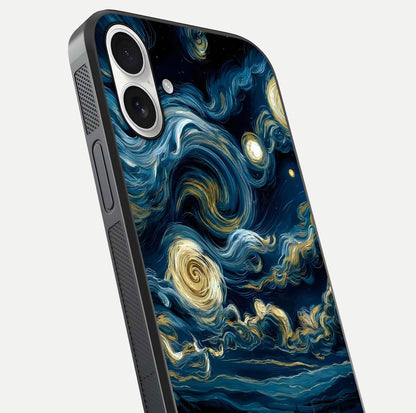 Midnight Sky Whirl Glass Case for iPhone 17 close-up angle showing spiral design and HD gloss reflection