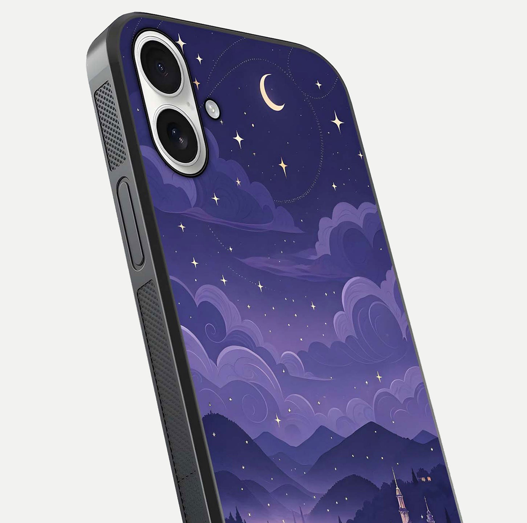 Minimal Night View Glass Case for iPhone 17 close-up angled shot showing lights reflection and dark tone details