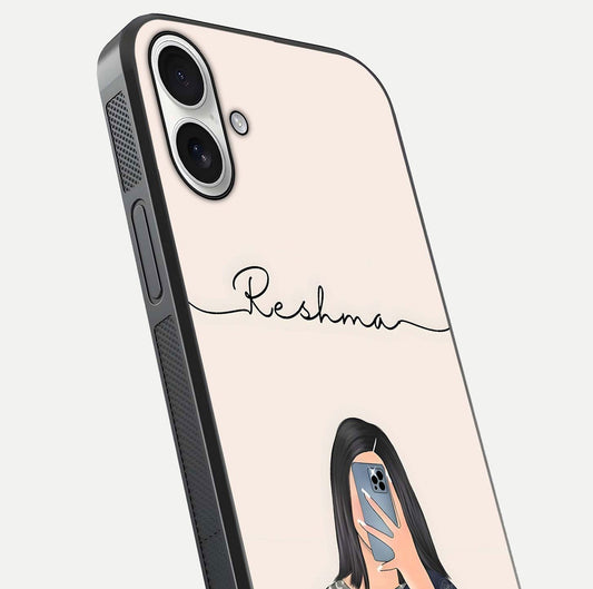 Mirror Mood Muse Custom Name Glass Case for iPhone 17 close-up angled shot highlighting gloss and mirror depth