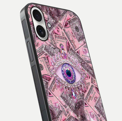 Money Eye Luxe Glass Case for iPhone 17 close-up angled shot showing gold detailing and reflection shine
