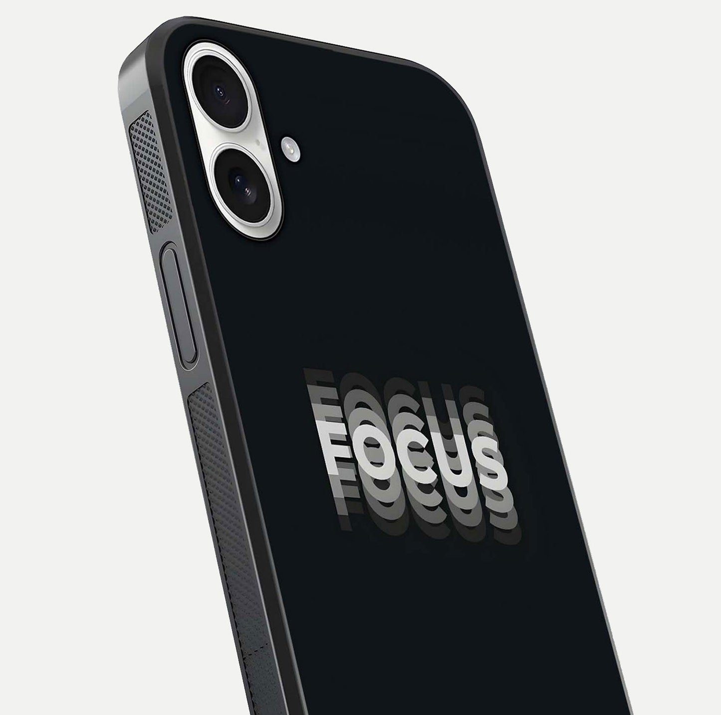 Mono Focus Vision Glass Case for iPhone 17 close-up angled shot highlighting minimal contrast and reflection