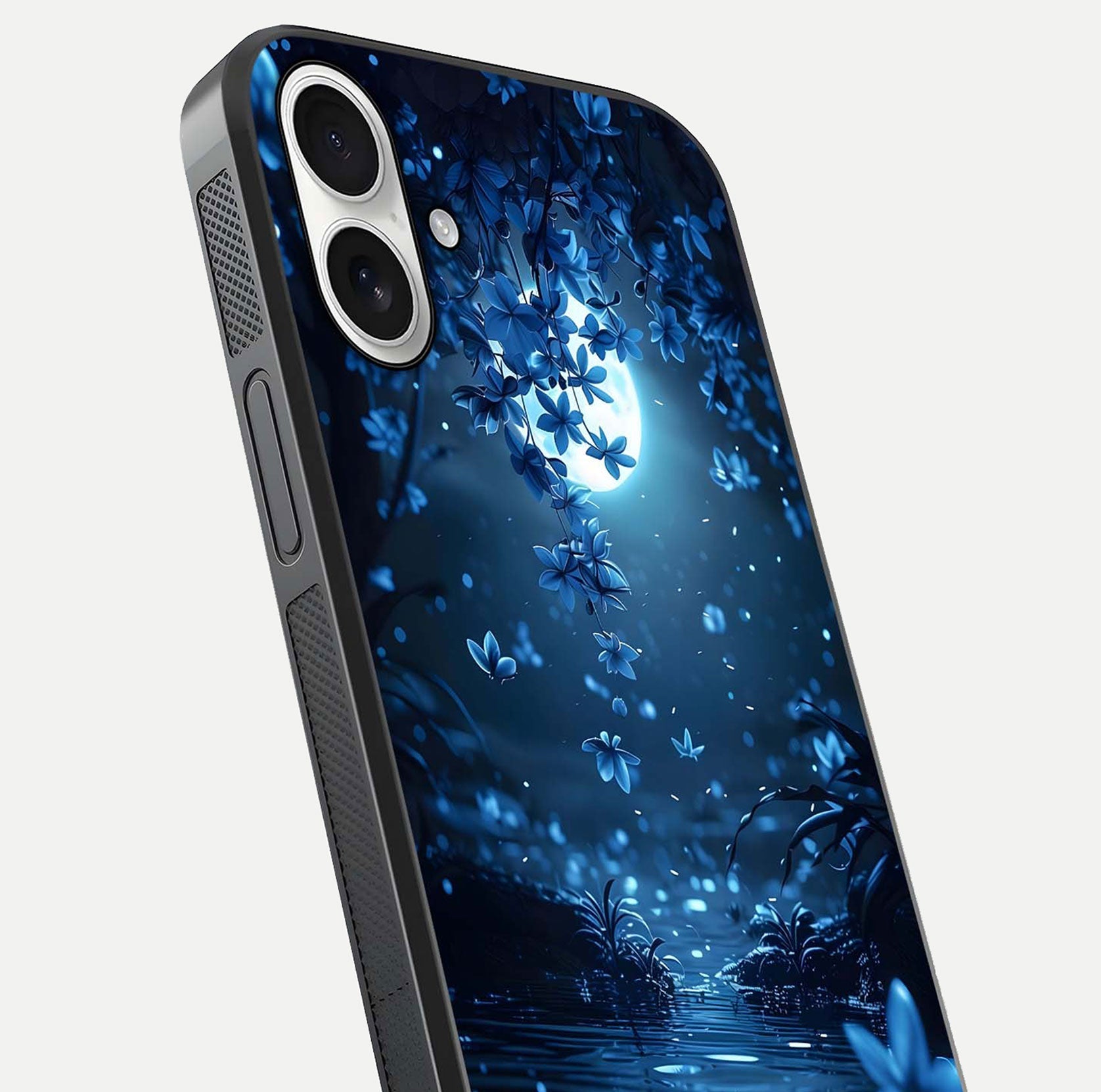 Moonlight Petal Dream Glass Case for iPhone 17 close-up angled shot showing petal reflection and glow texture
