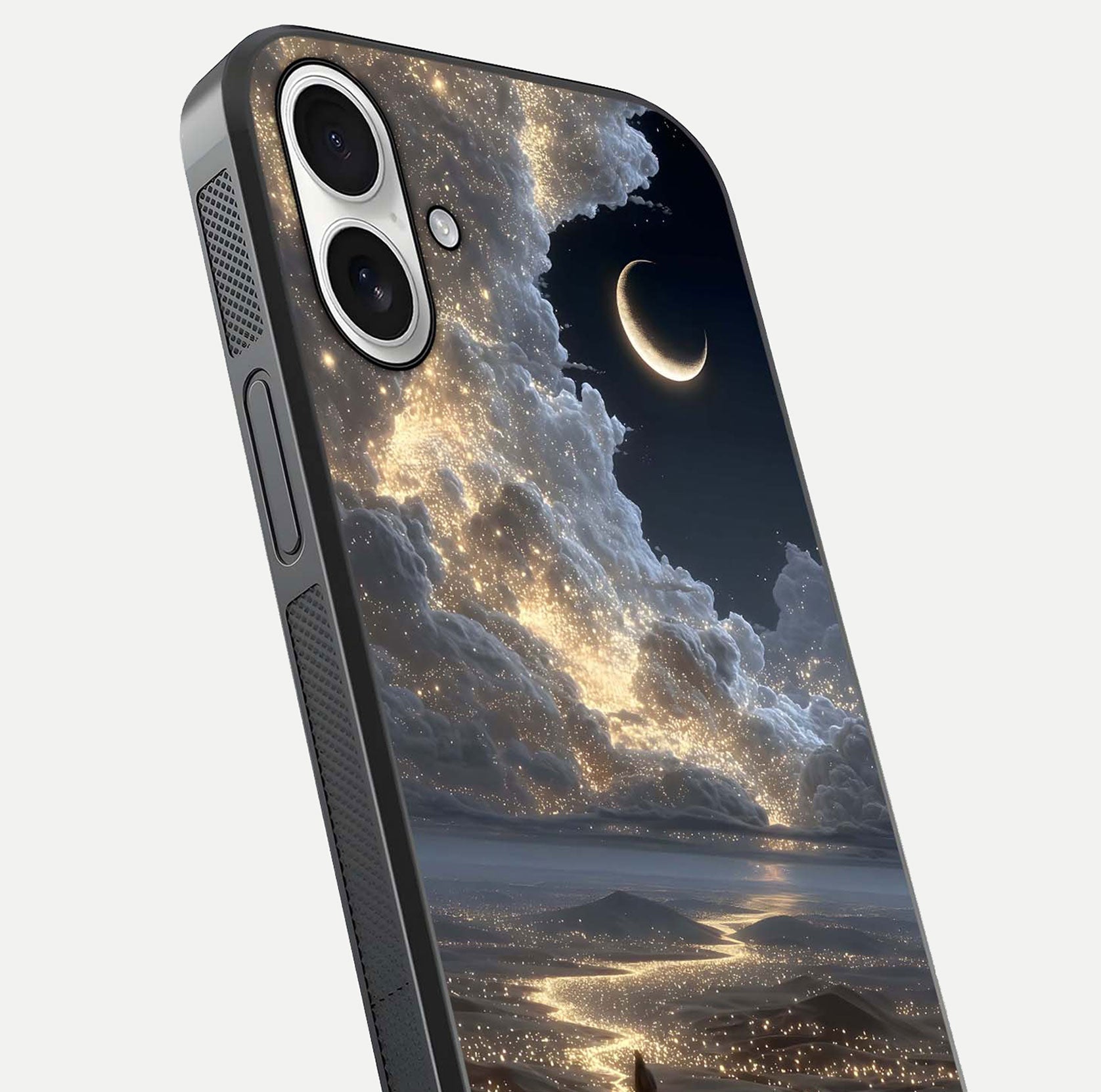 Moonlight Spark Path Glass Case for iPhone 17 close-up angled shot showing glowing stars and reflection