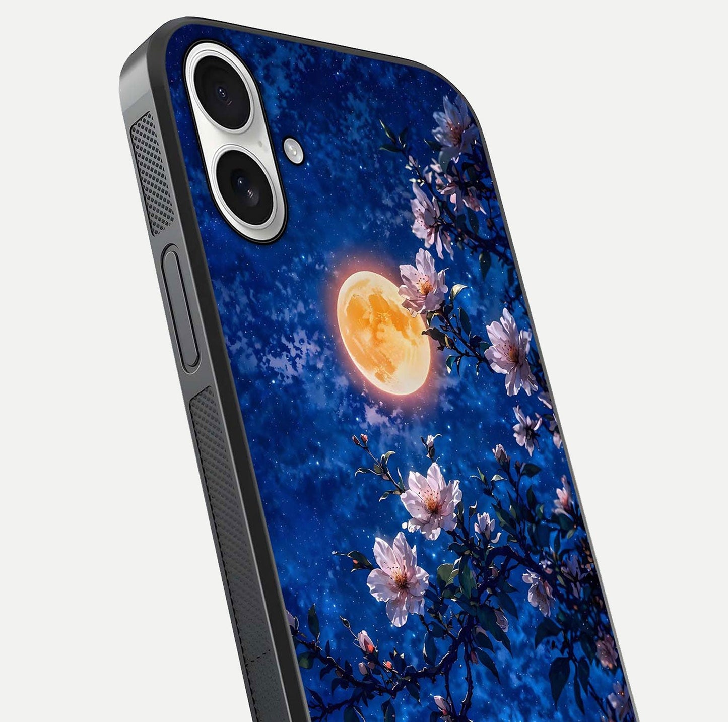 Moonlit Blossoms Night Glass Case for iPhone 17 close-up angled shot showing petal glow and reflection detail