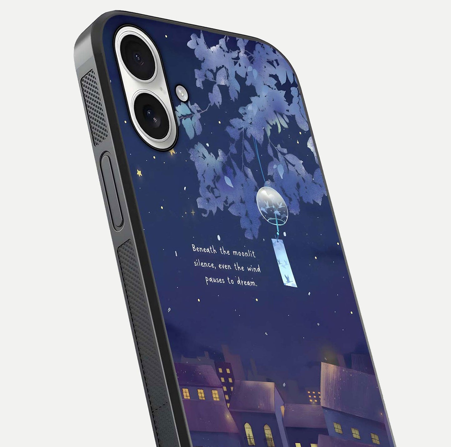Moonlit Cat Silence Glass Case for iPhone 17 close-up angled shot showing soft glow and reflection texture