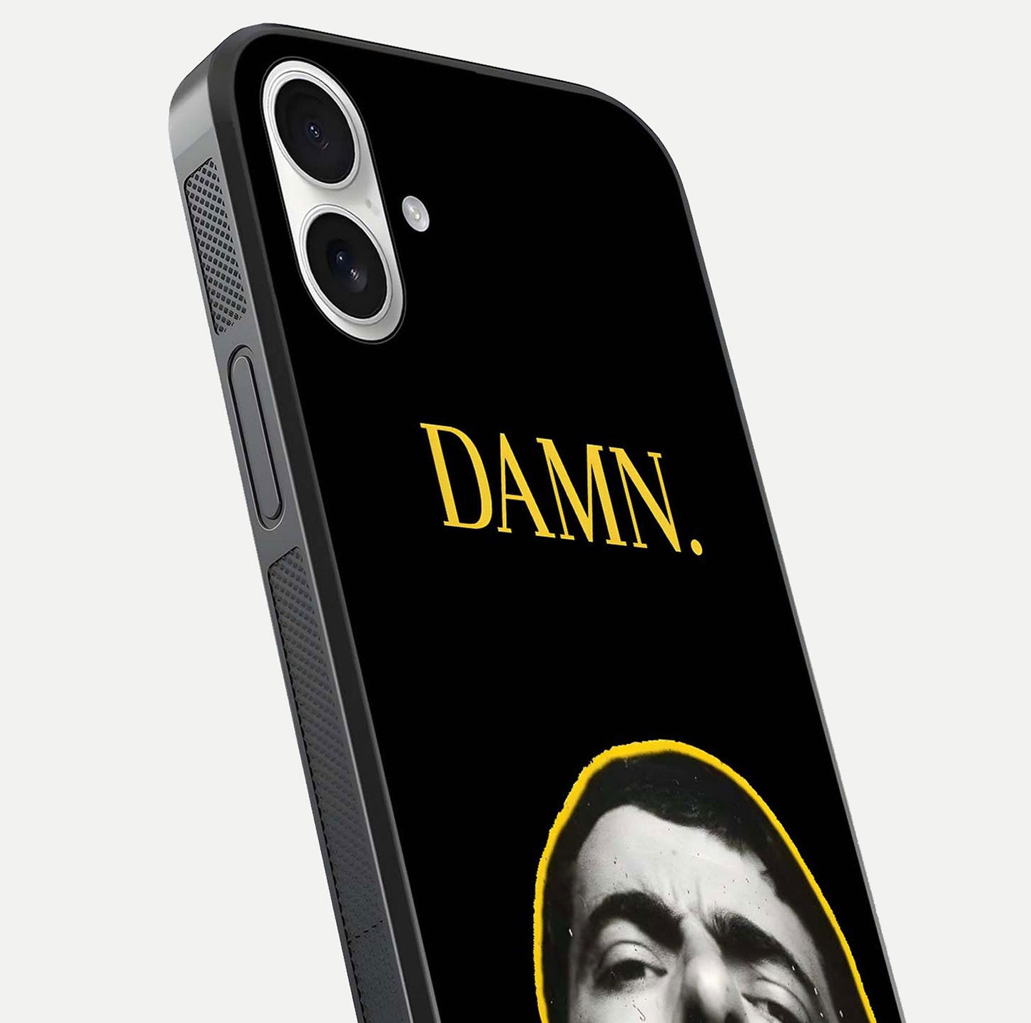 Mr Bean Damn Glass Case for iPhone 17 close-up angled shot highlighting comic expression and shine detail