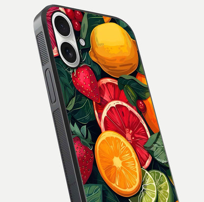 Multiple Fruits Glass Case for iPhone 17 close-up angled shot showing fruit texture and HD gloss shine