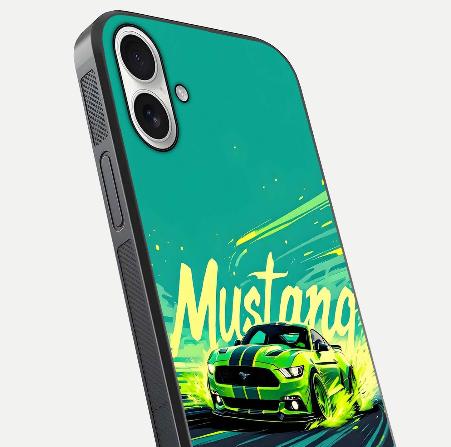 Mustang Bang Glass Case for iPhone 17 close-up angled shot showing car emblem and HD reflection