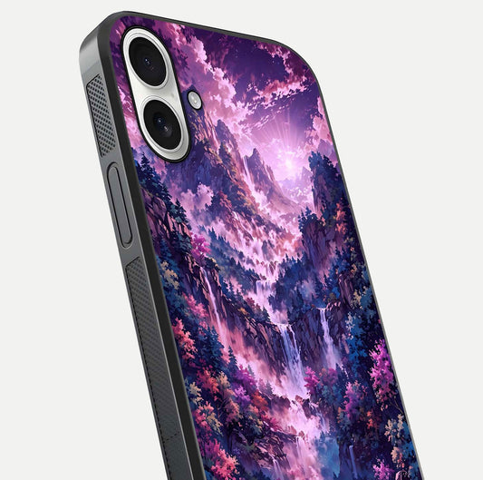 Mystic Cascade Peaks Glass Case for iPhone 17 close-up angled shot showing peak reflections and color gradient