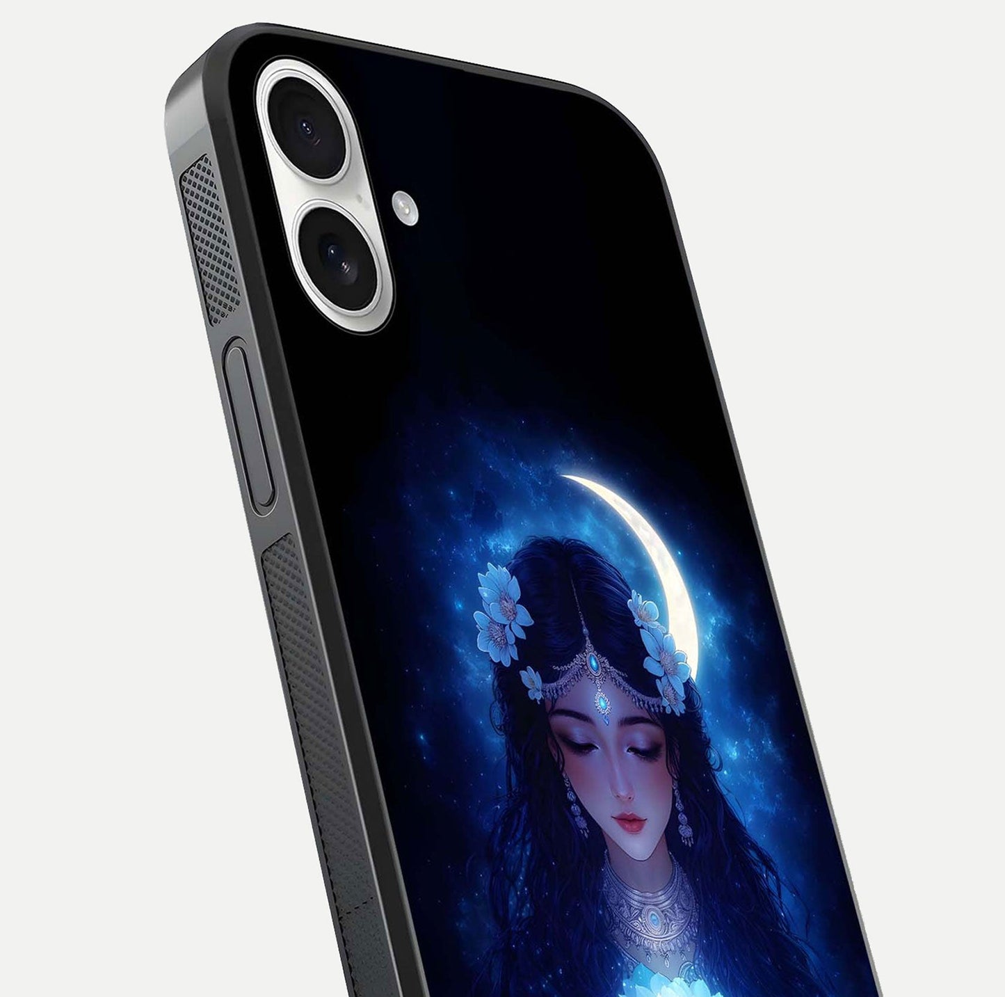 Mystic Moon Queen Glass Case for iPhone 17 close-up angled shot showing shine and lunar tones