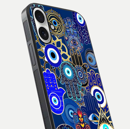 Mystic Palm Guard Glass Case for iPhone 17 close-up angled shot showing eye symbol and fine texture