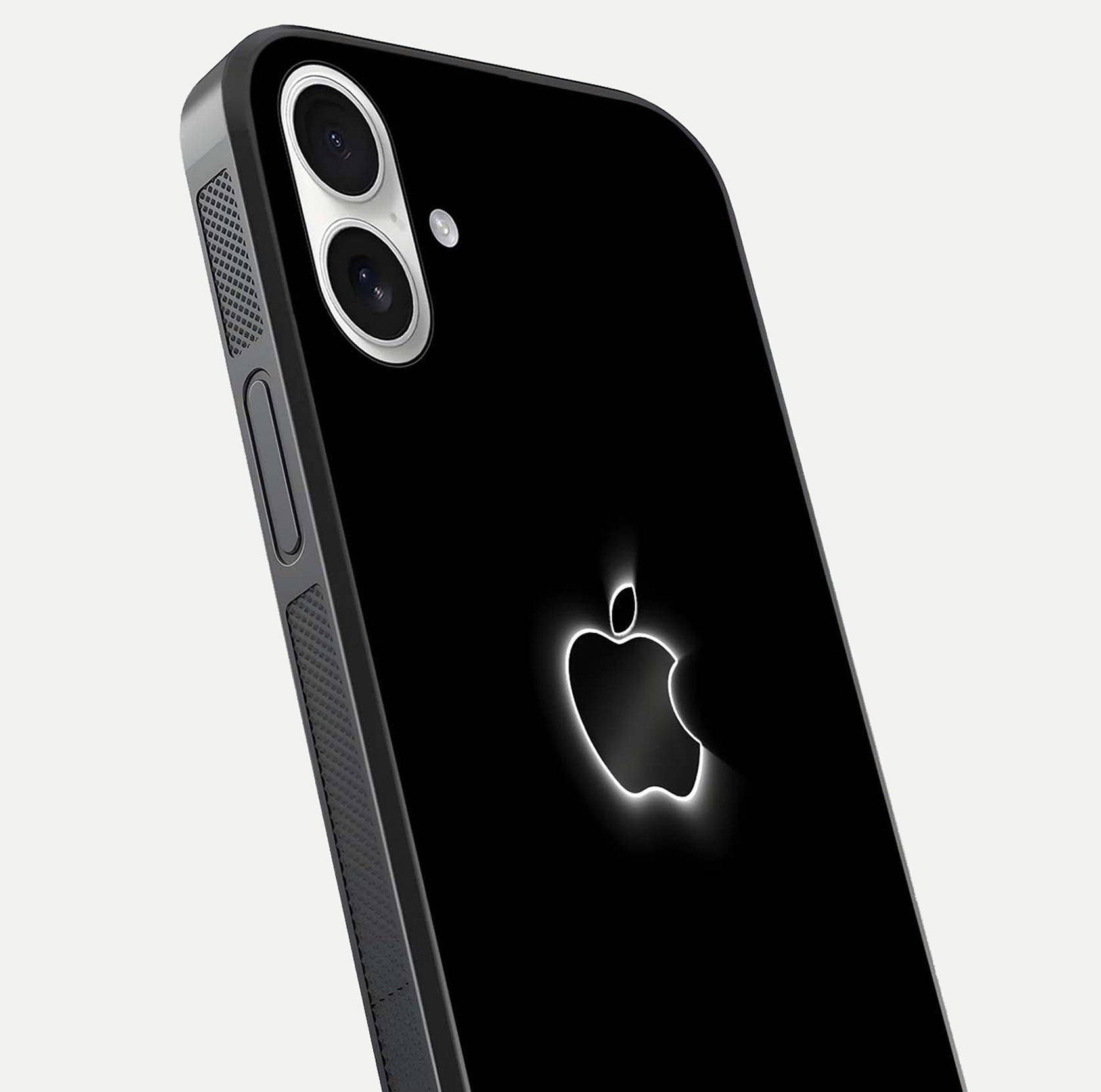 Neon Apple Glow Glass Case for iPhone 17 close-up angled shot highlighting neon reflection and color pop
