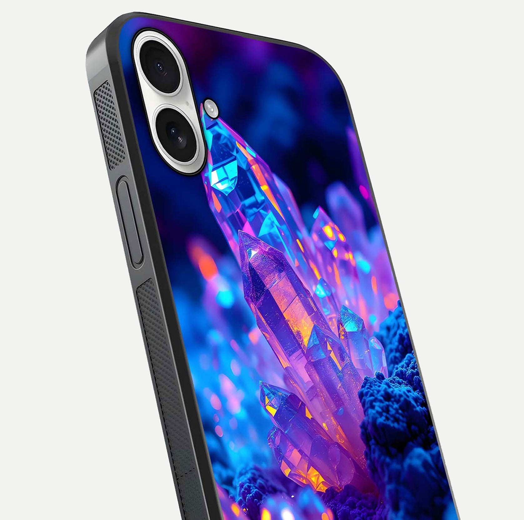Neon Aura Shards Glass Case for iPhone 17 close-up angled shot highlighting fragment pattern and reflection