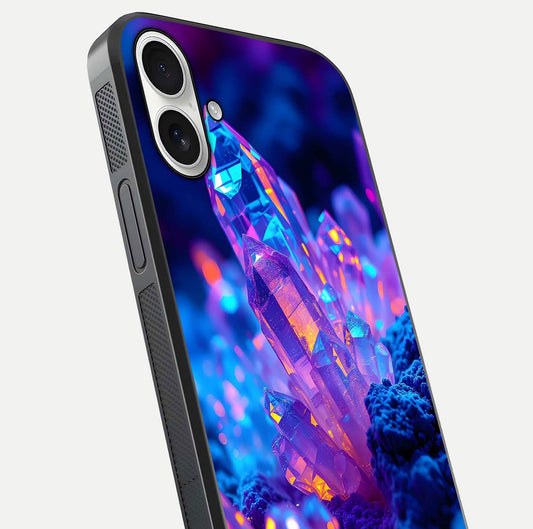 Neon Aura Shards Glass Case for iPhone 17 close-up angled shot highlighting fragment pattern and reflection