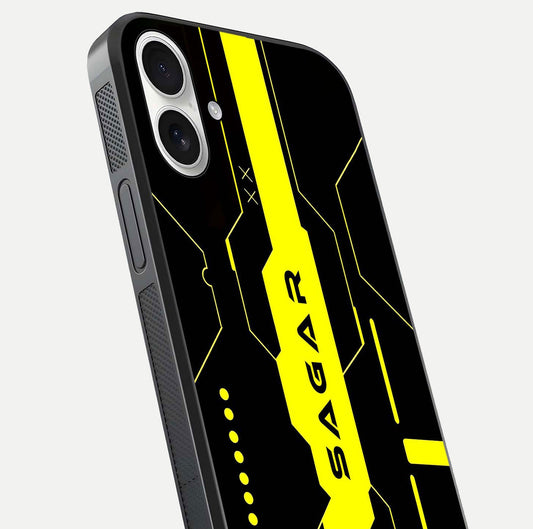 Neon CYBERPUNK Custom Name Glass Case for iPhone 17 close-up angled shot highlighting electric colors and reflection
