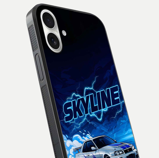 Neon Drift Beast Glass Case for iPhone 17 close-up angled shot highlighting glowing streaks and vivid reflection