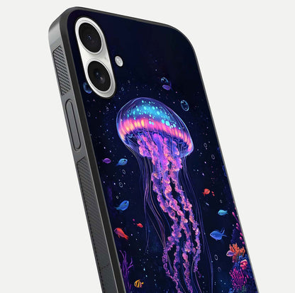 Neon Jellyfish Glass Case for iPhone 17 close-up angled shot showing translucent jellyfish and shine reflection