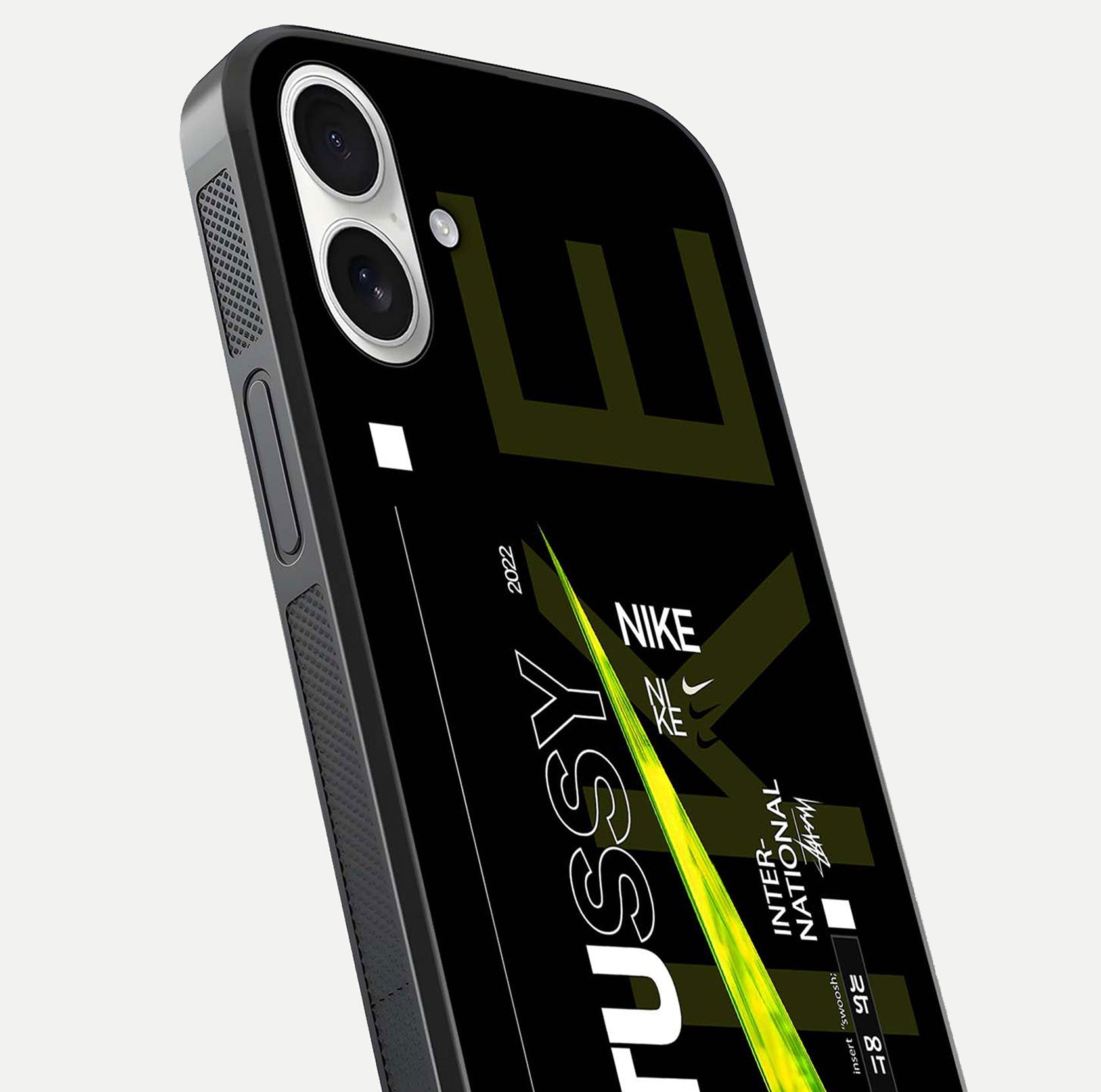 Neon Street Edition Glass Case for iPhone 17 close-up angled shot showing urban neon lights and shine