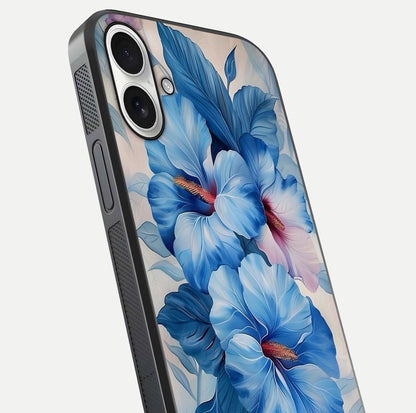 Ocean Hibiscus Grace Glass Case for iPhone 17 close-up angled shot highlighting floral glow and HD shine
