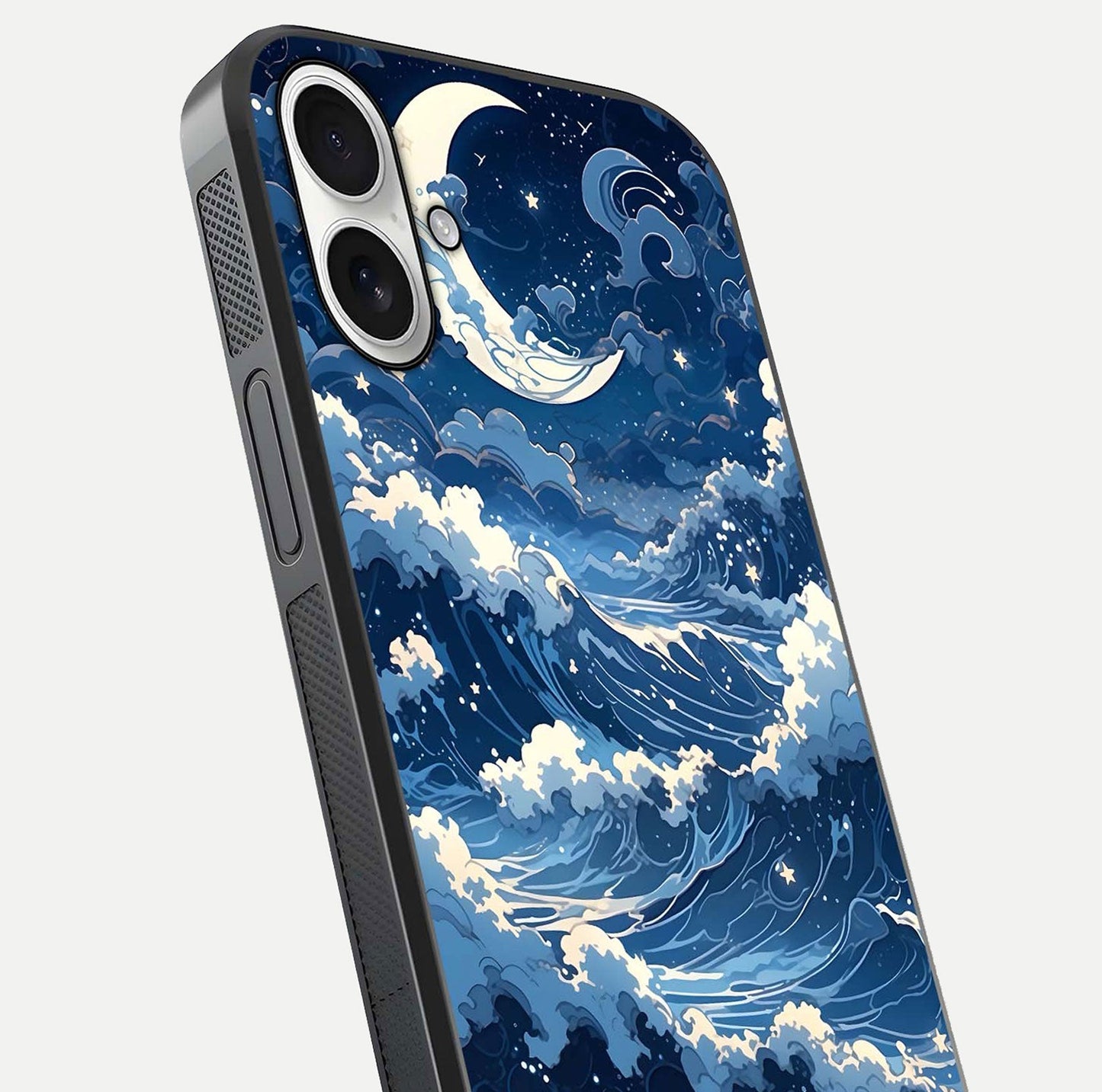 Ocean Moon Waves Glass Case for iPhone 17 close-up angled shot showing HD reflection and calm tones