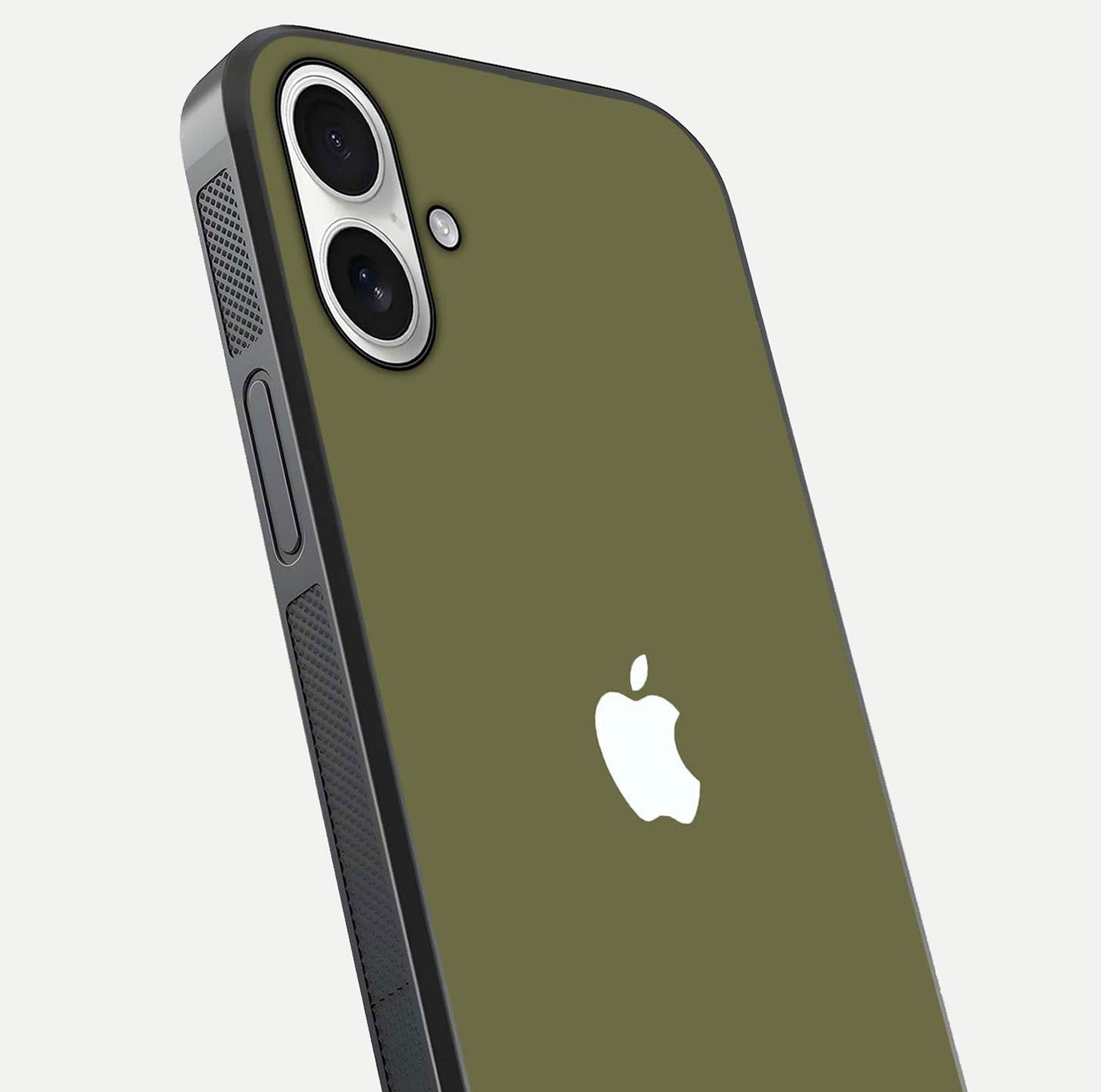 Olive Matte Essence Glass Case for iPhone 17 close-up angled shot showing soft reflection and minimal finish