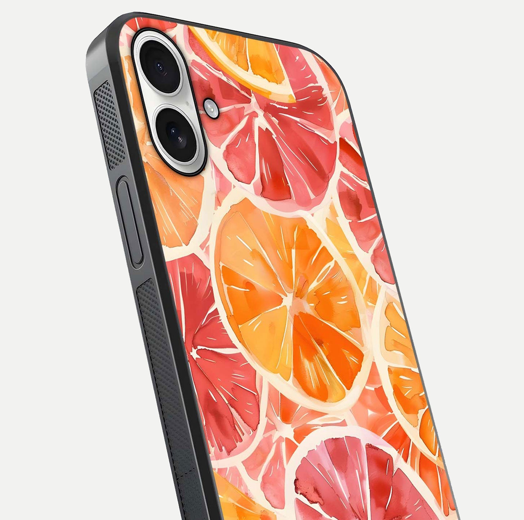 Orange Fruits Pattern Glass Case for iPhone 17 close-up angled shot showing juicy fruit texture and reflection