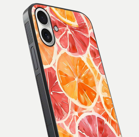 Orange Fruits Pattern Glass Case for iPhone 17 close-up angled shot showing juicy fruit texture and reflection