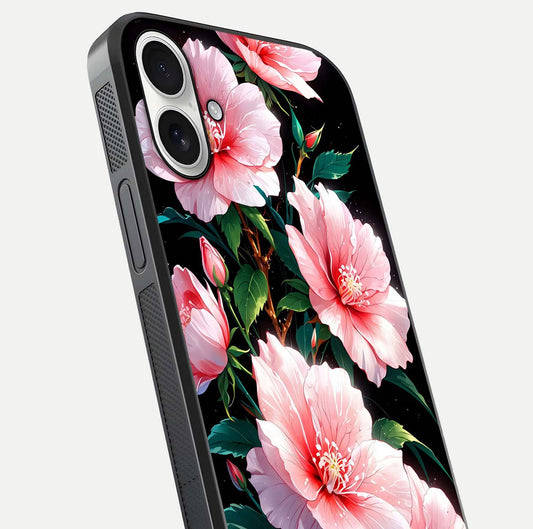 Peach Flower Glass Case for iPhone 17 close-up angled shot highlighting floral petals and HD glass reflection