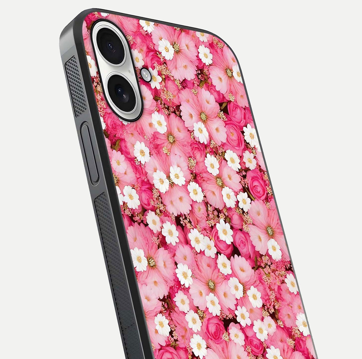 Pink Daisy Bliss Glass Case for iPhone 17 close-up angled shot highlighting daisy detail and reflection glow