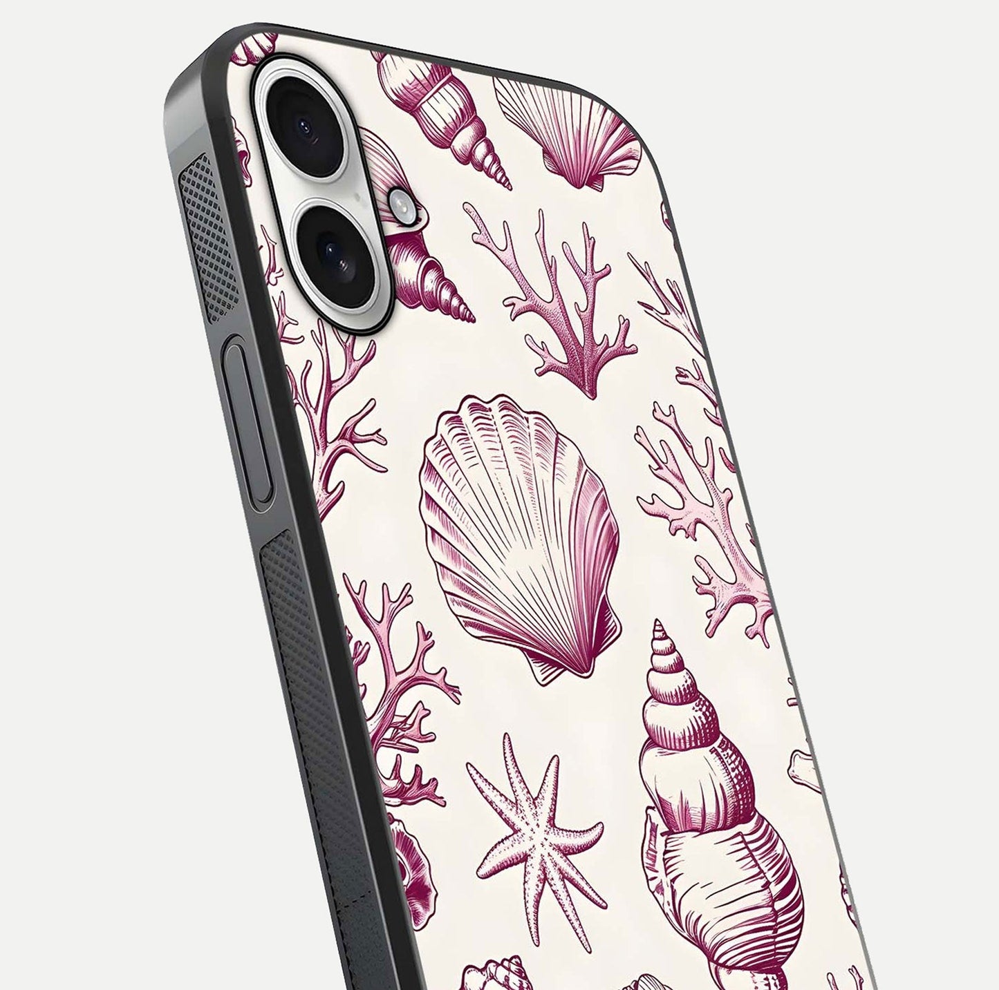 Pink Shells Outline Glass Case for iPhone 17 close-up angled shot showing fine shell lines and reflection