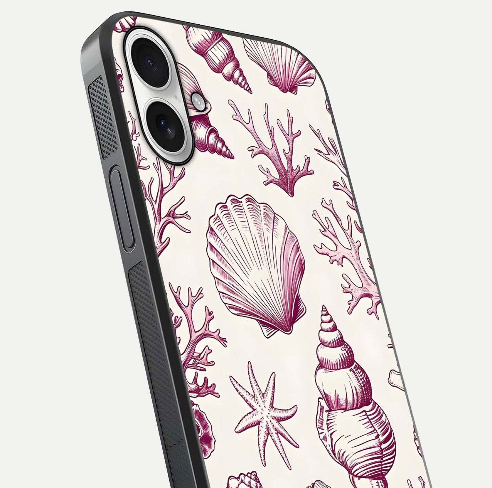 Pink Shells Outline Glass Case for iPhone 17 close-up angled shot showing fine shell lines and reflection