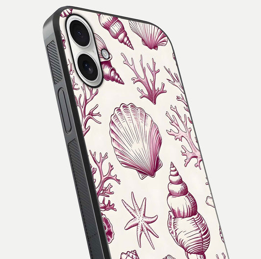Pink Shells Outline Glass Case for iPhone 17 close-up angled shot showing fine shell lines and reflection