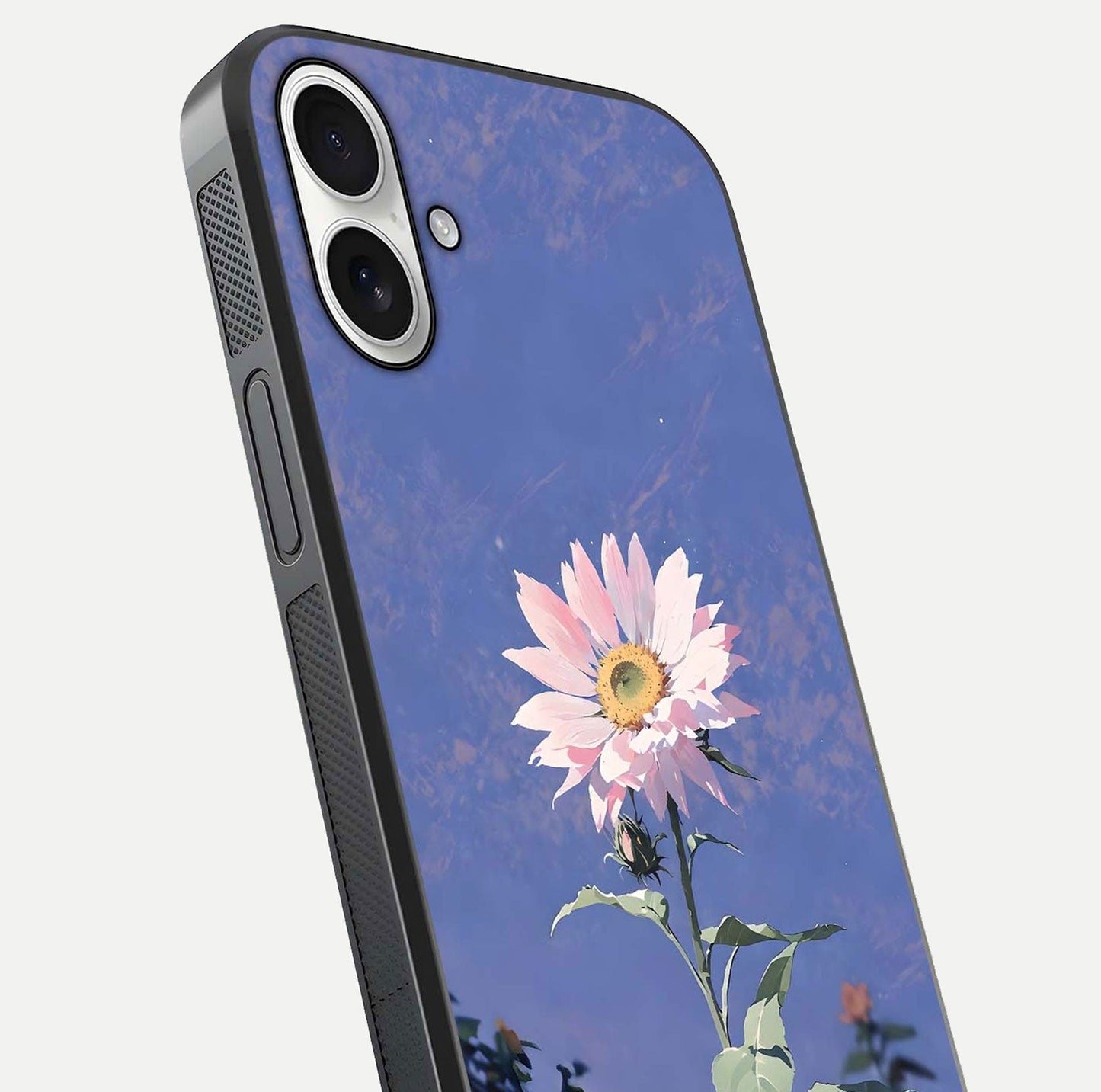 Pink Sunflower Glow Glass Case for iPhone 17 close-up angled shot highlighting petal texture and reflection