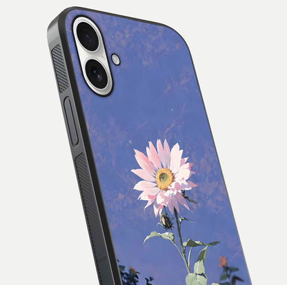 Pink Sunflower Glow Glass Case for iPhone 17 close-up angled shot highlighting petal texture and reflection
