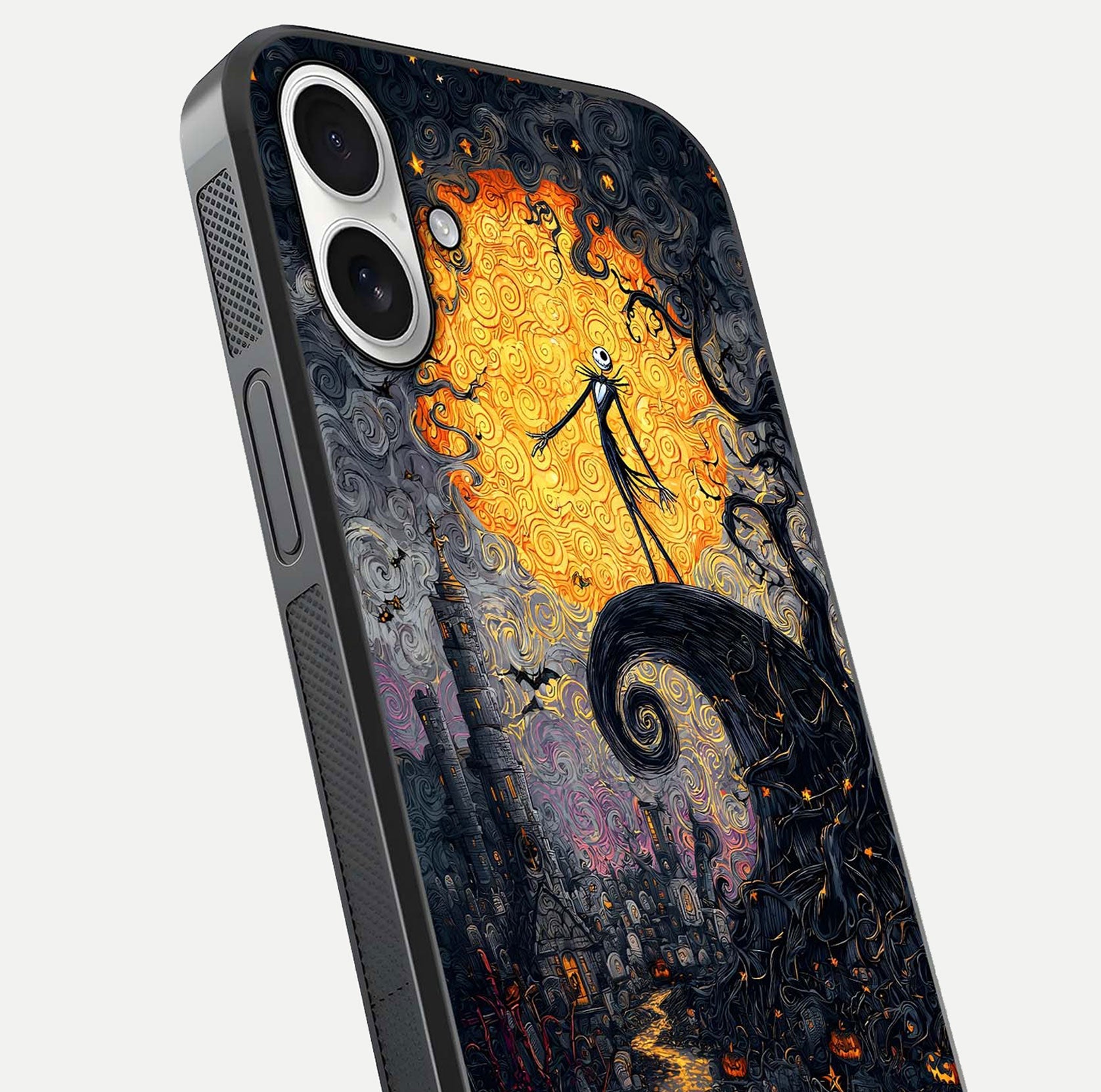 Pumpkin Moon Night Glass Case for iPhone 17 close-up angled shot showing moon reflection and Halloween glow